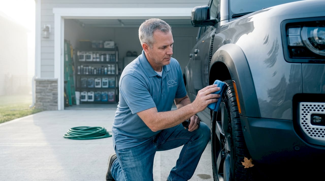 Man restoring faded SUV trim in driveway