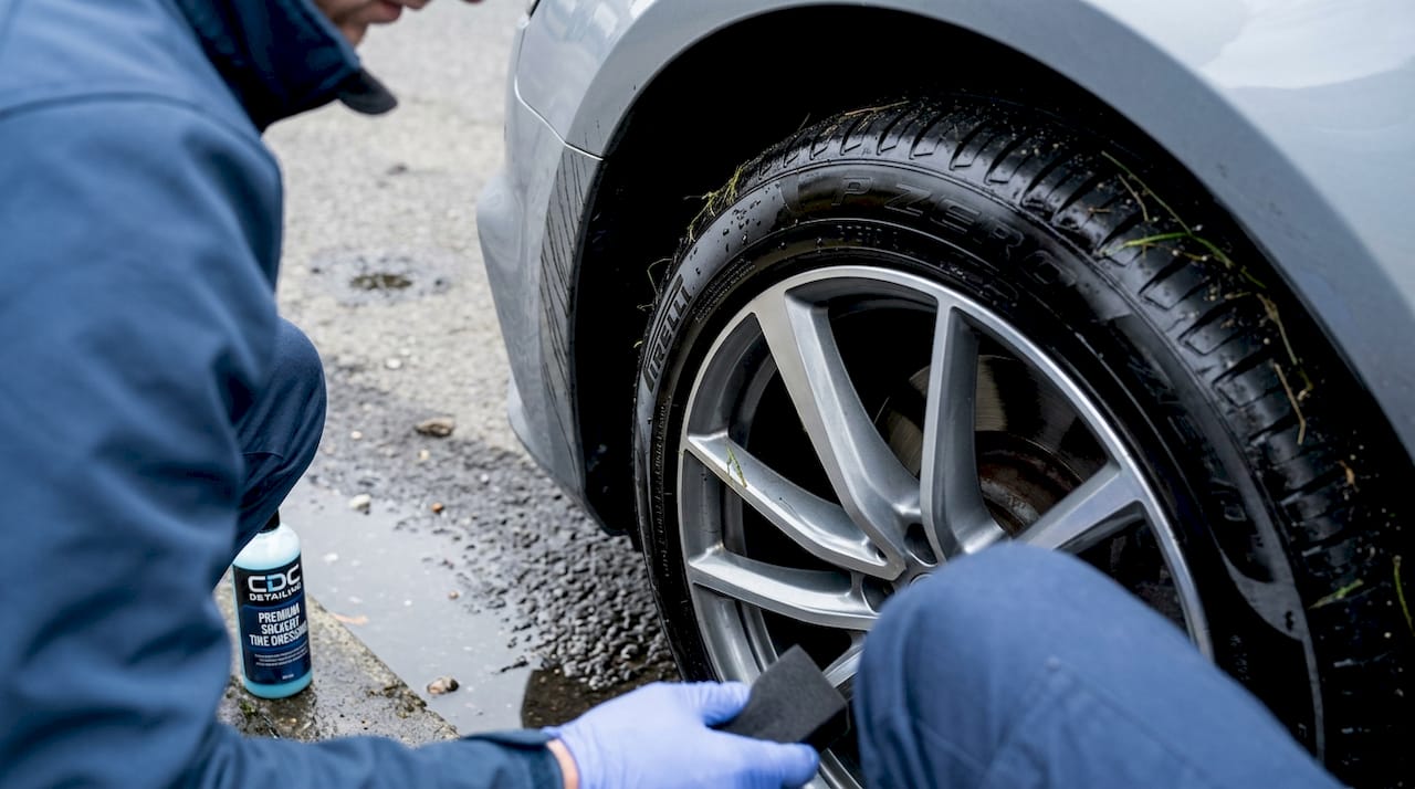 Solvent-based dressing high gloss finish on tire
