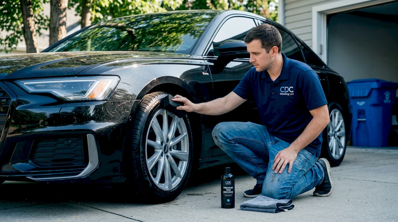 Auto detailer applying tire dressing in driveway