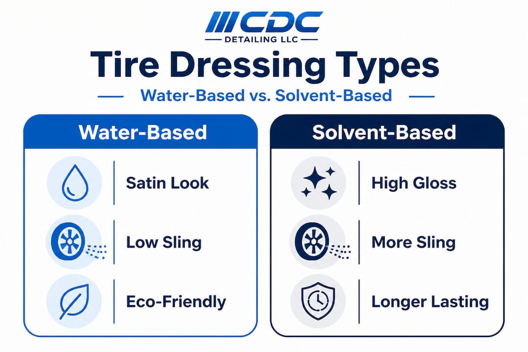 Infographic comparing water and solvent-based tire dressings