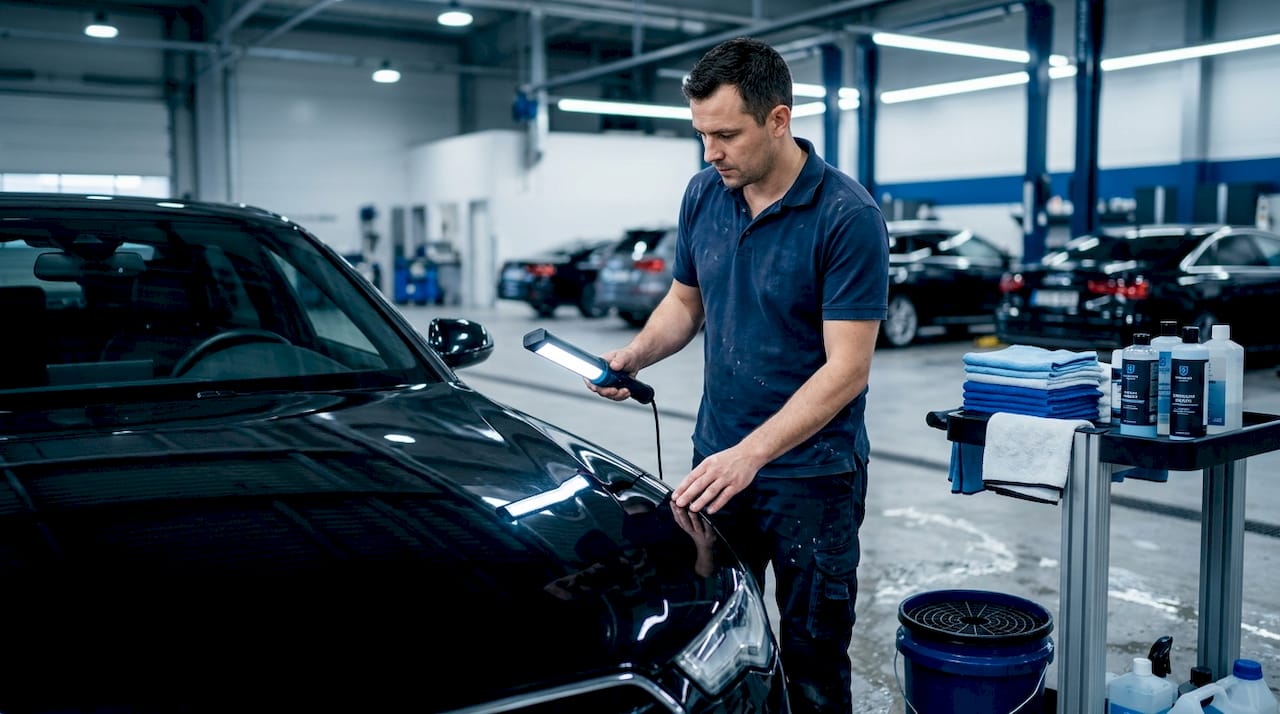 Detailer inspecting car paint for swirl marks