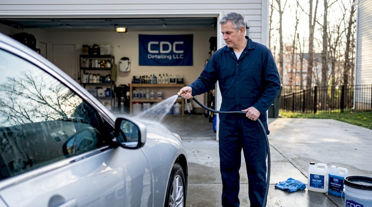 Detailer washing car exterior driveway scene