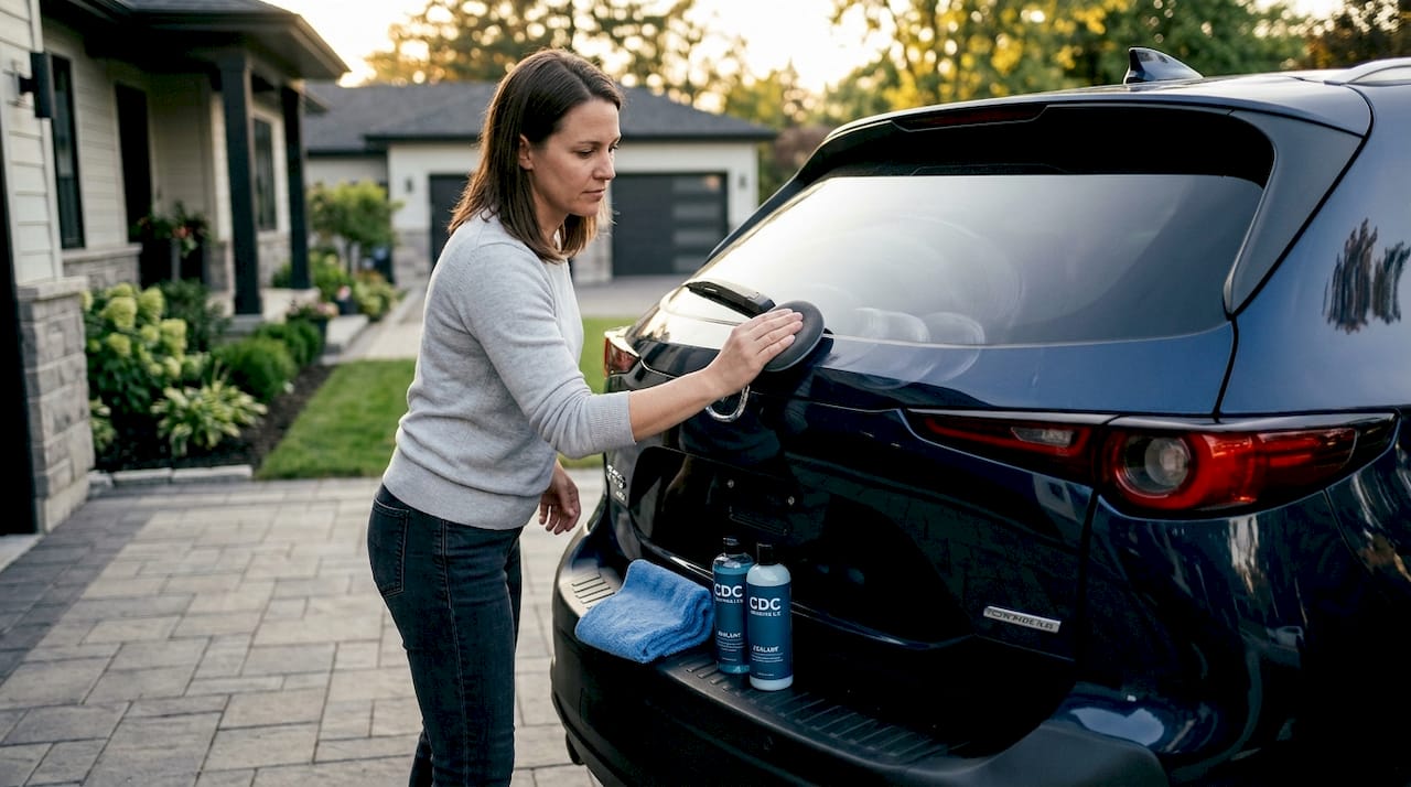 Woman applying car paint sealant on driveway