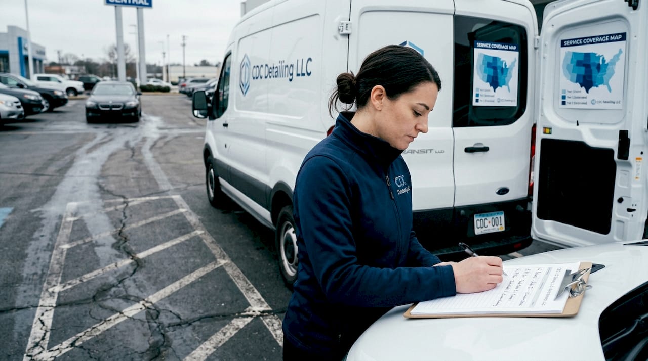 Technician checking fleet service coverage log