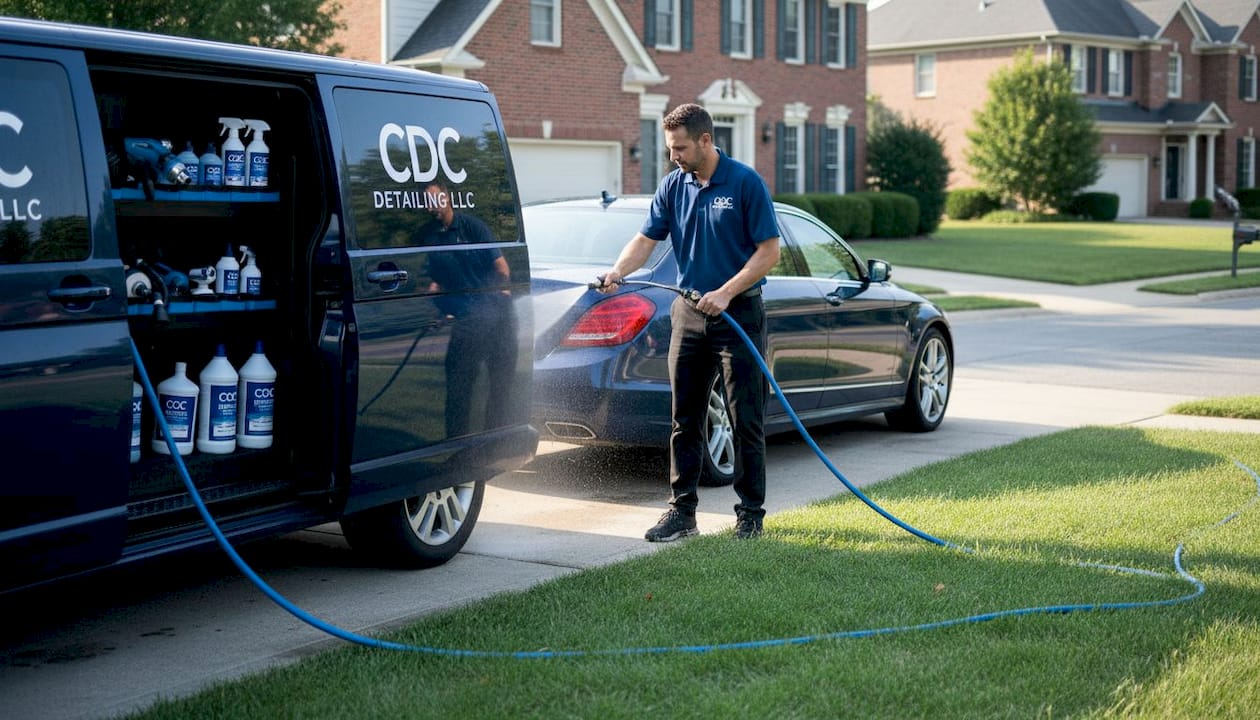 Detailer cleaning car in residential driveway