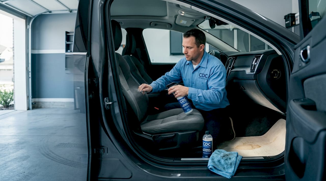 Technician applying fabric protectant in car interior