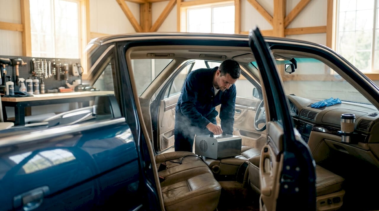 Technician setting up ozone machine in car