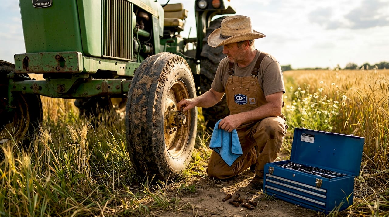 Farmer inspecting tractor before fieldwork