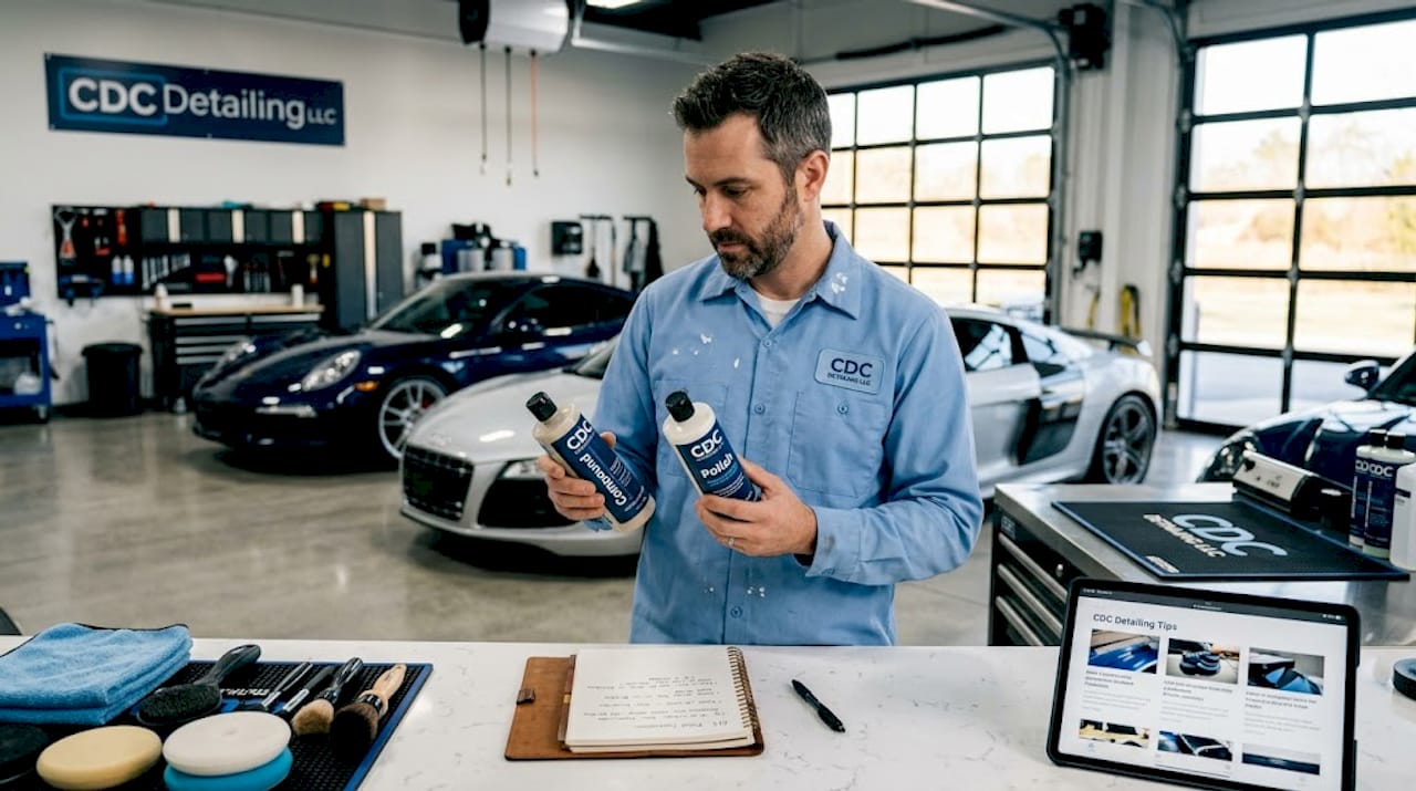Auto detailer comparing polish and compound bottles