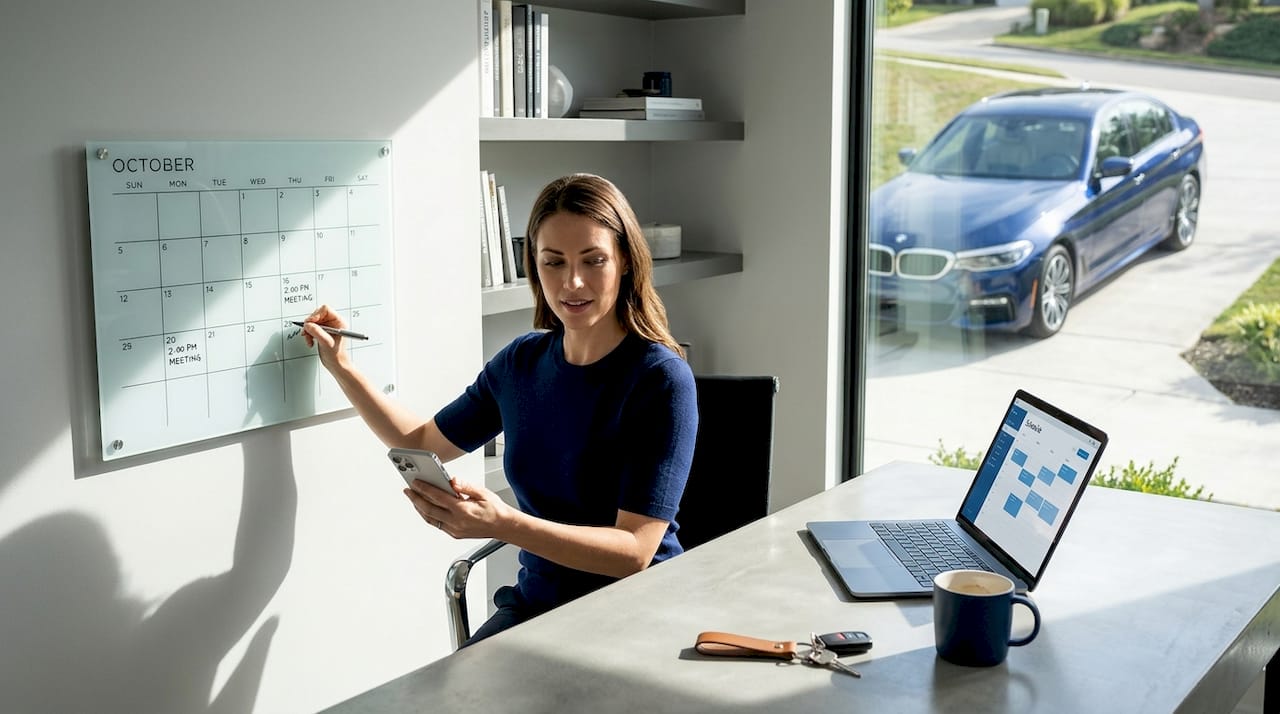 Woman checks phone to confirm car detailing appointment