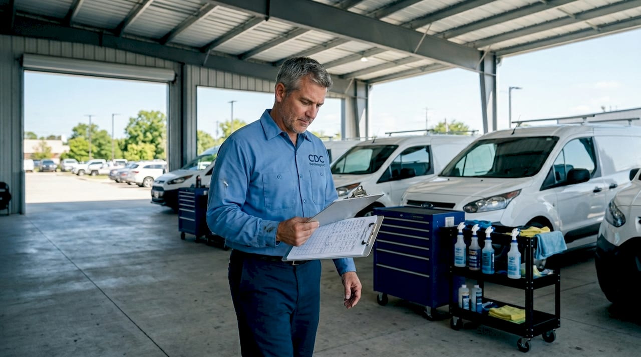 Fleet mechanic inspecting vans in service garage
