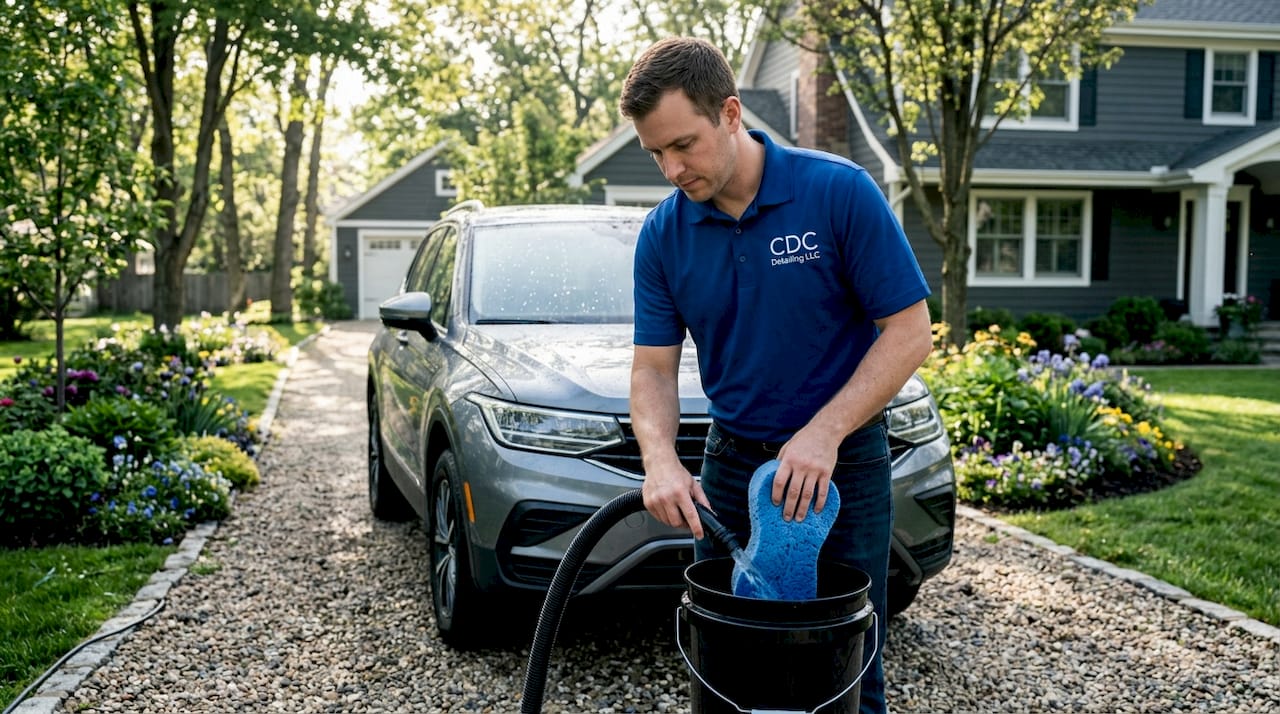 Technician prepping car wash in driveway
