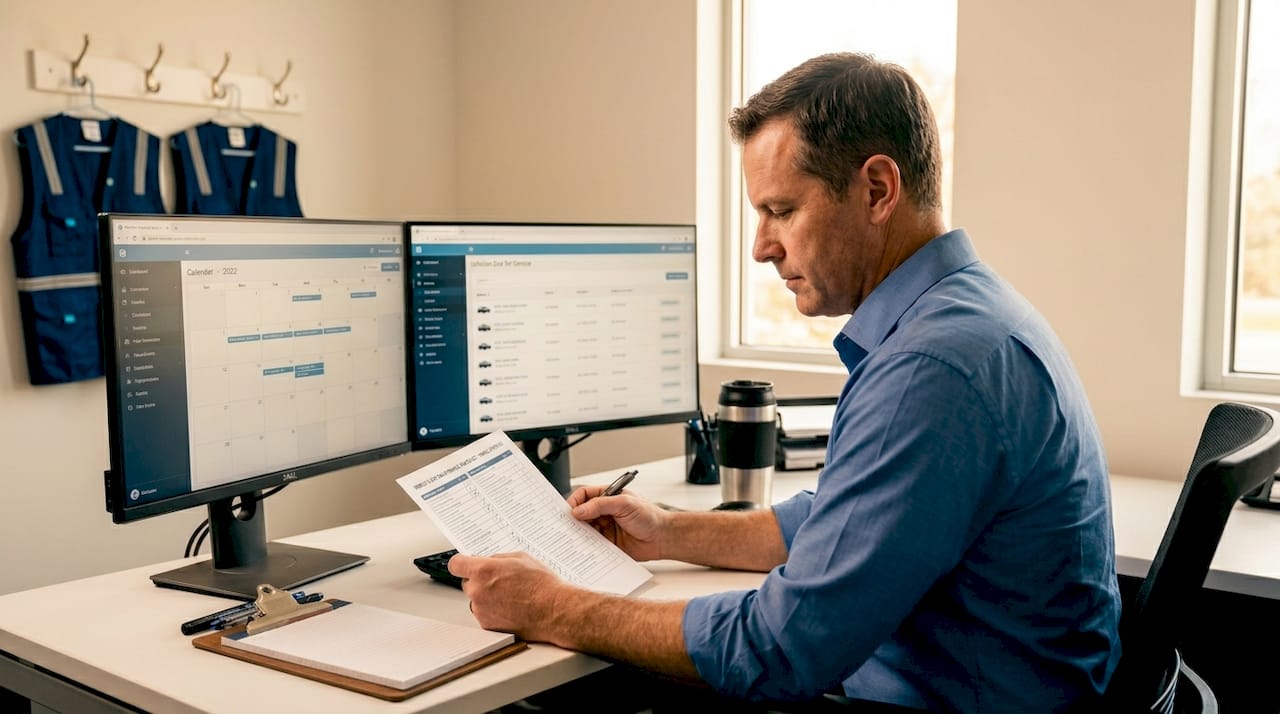 Fleet manager cross-checking maintenance checklist