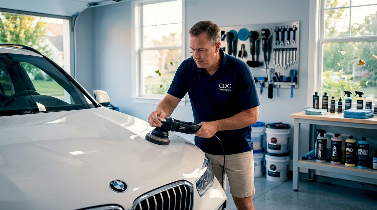 Auto detailer hand-polishing SUV in garage