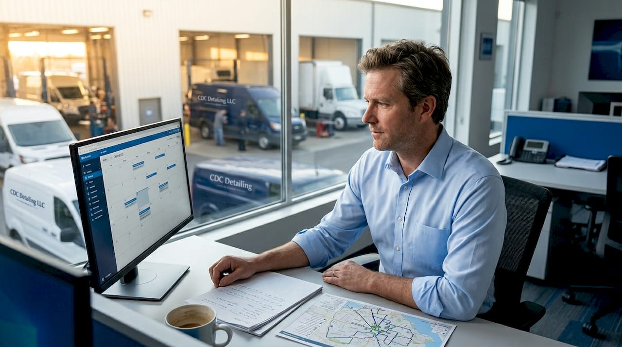 Fleet manager scheduling detailing calendar in office