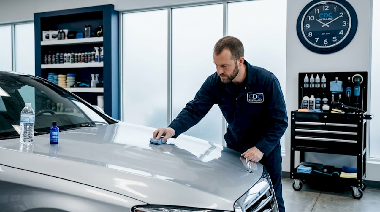 Auto detailer applying ceramic coating in garage