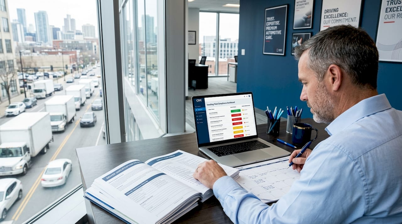 Fleet manager reviewing safety documents at desk
