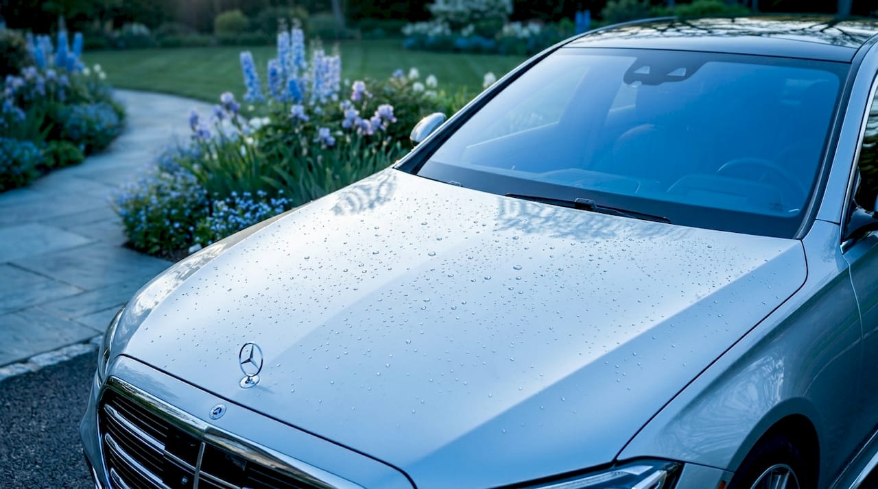 Close-up of car hood with ceramic coating reflection