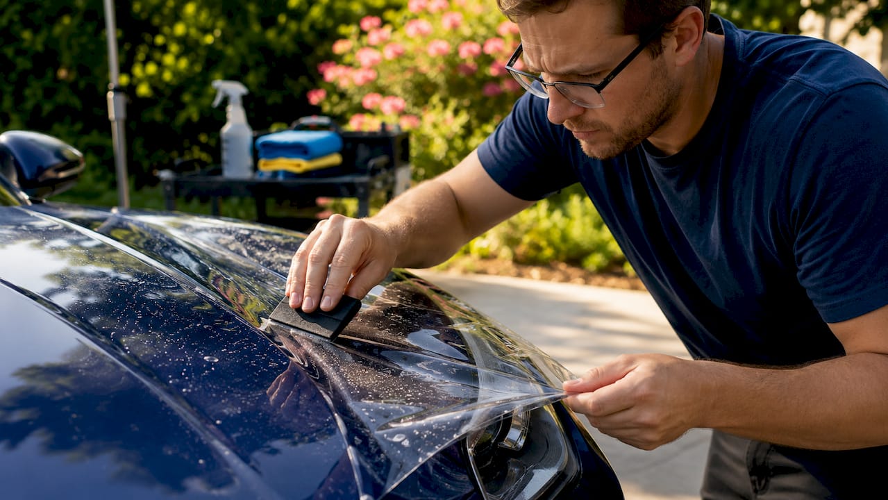 Person applying clear paint protection film on car hood