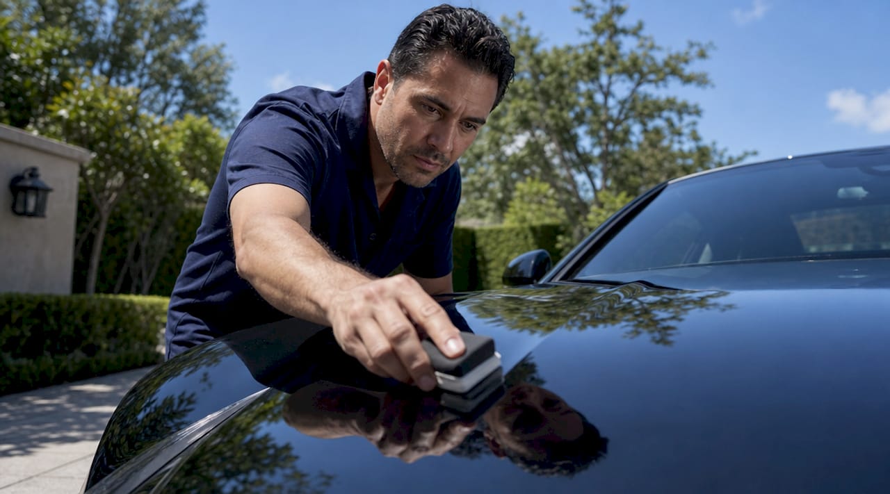 Automotive detailer applying ceramic coating on car hood
