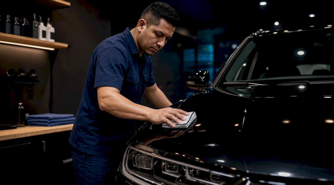 Professional applying ceramic coating to car hood