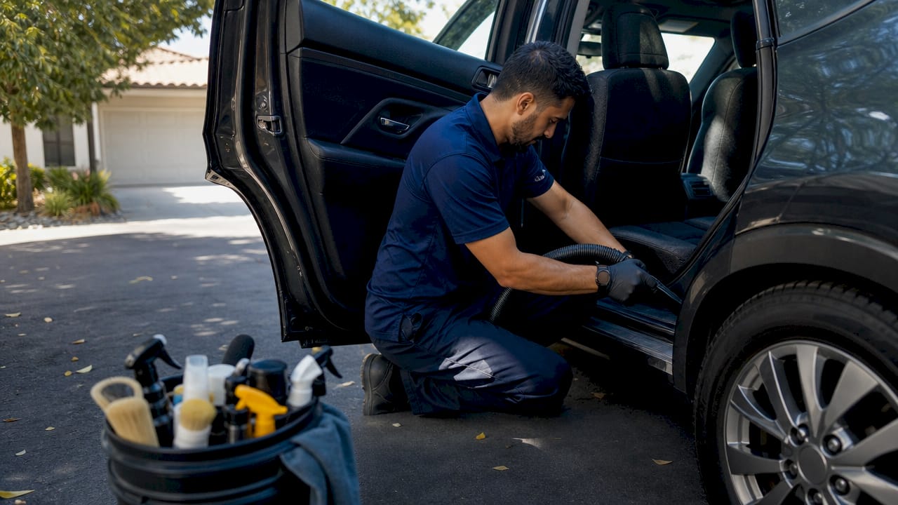 Professional detailer cleaning a car interior