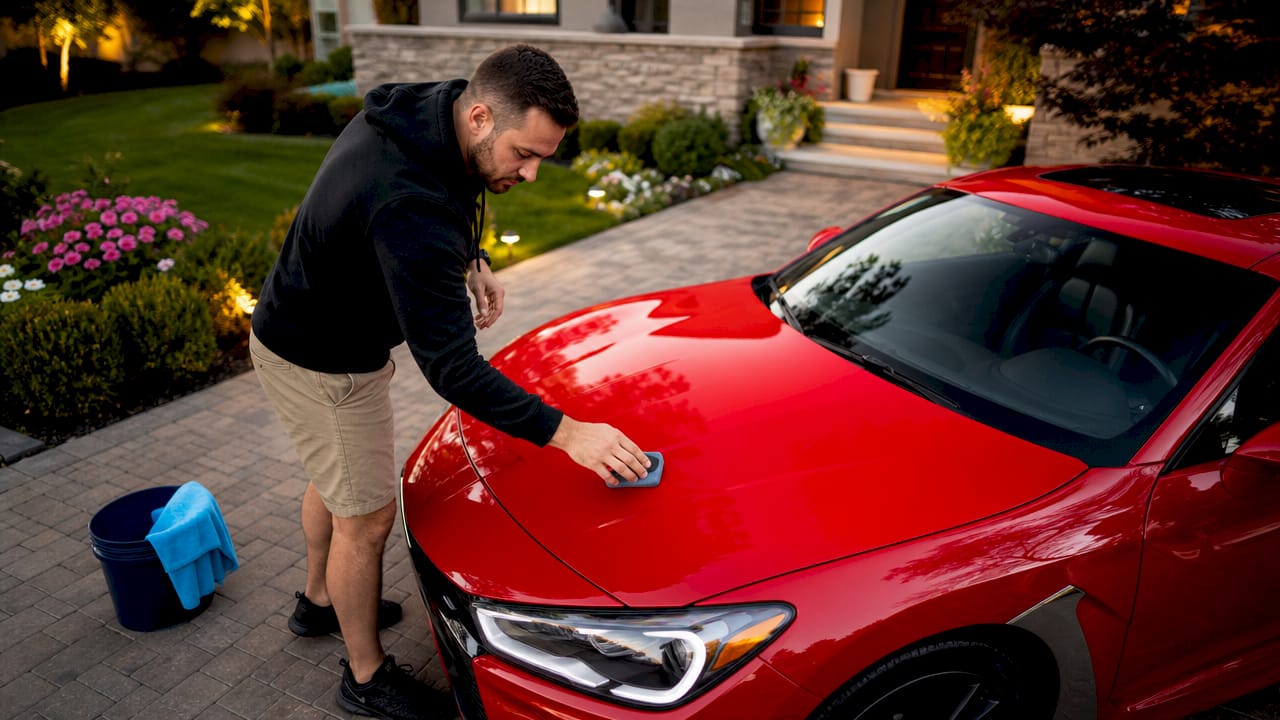 Car owner applying ceramic coating on sports car
