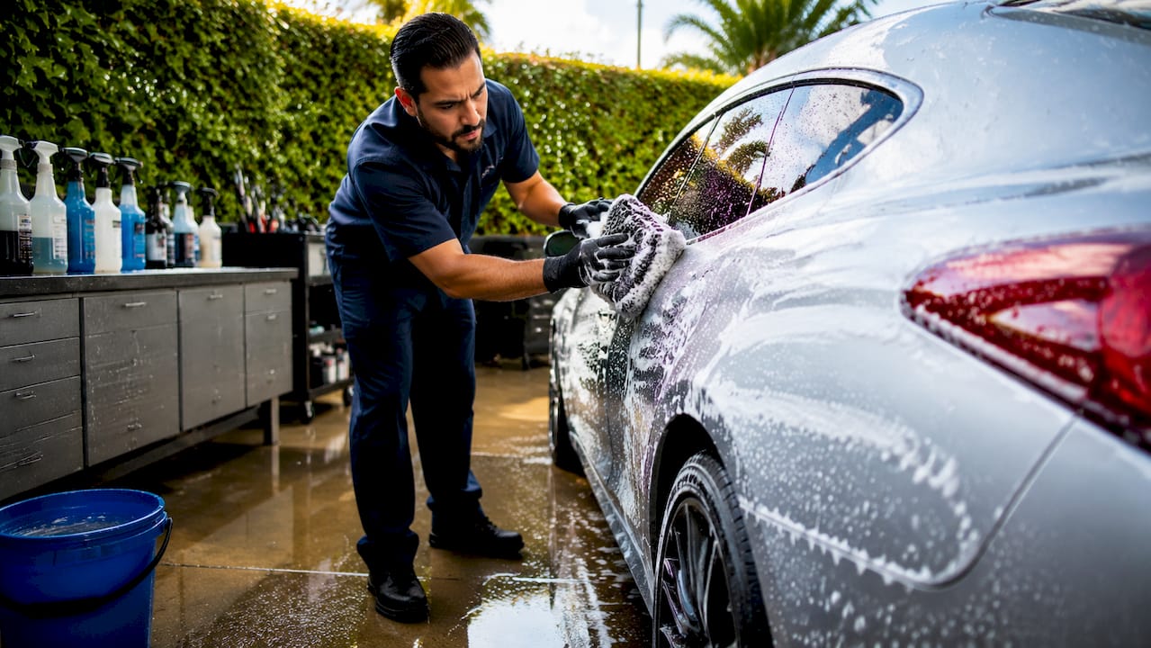 Automotive detailer washing car paintwork