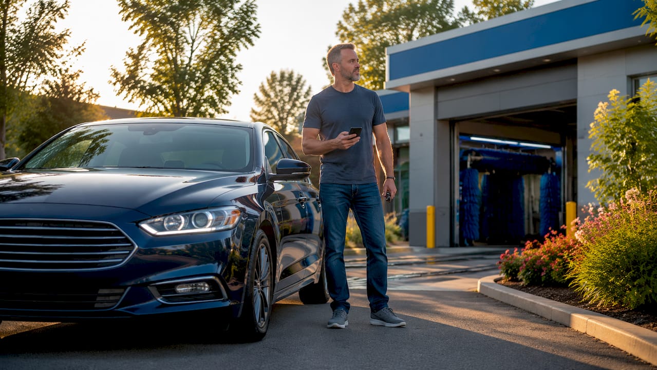 Man standing by car at automatic car wash entrance