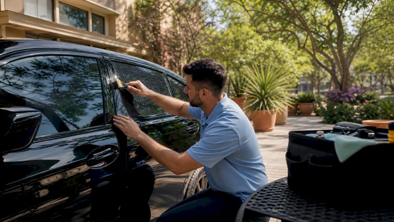 Professional installing window tint film on car window