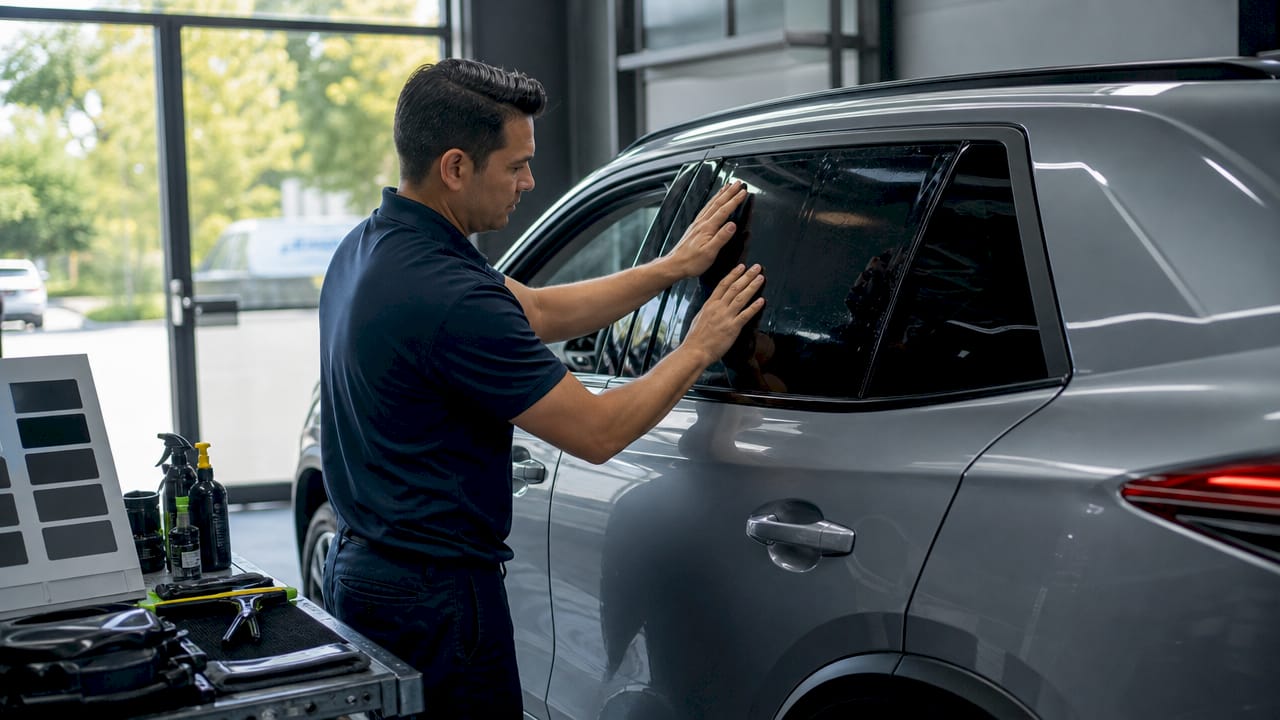 Auto technician applying ceramic window tint on SUV side window.