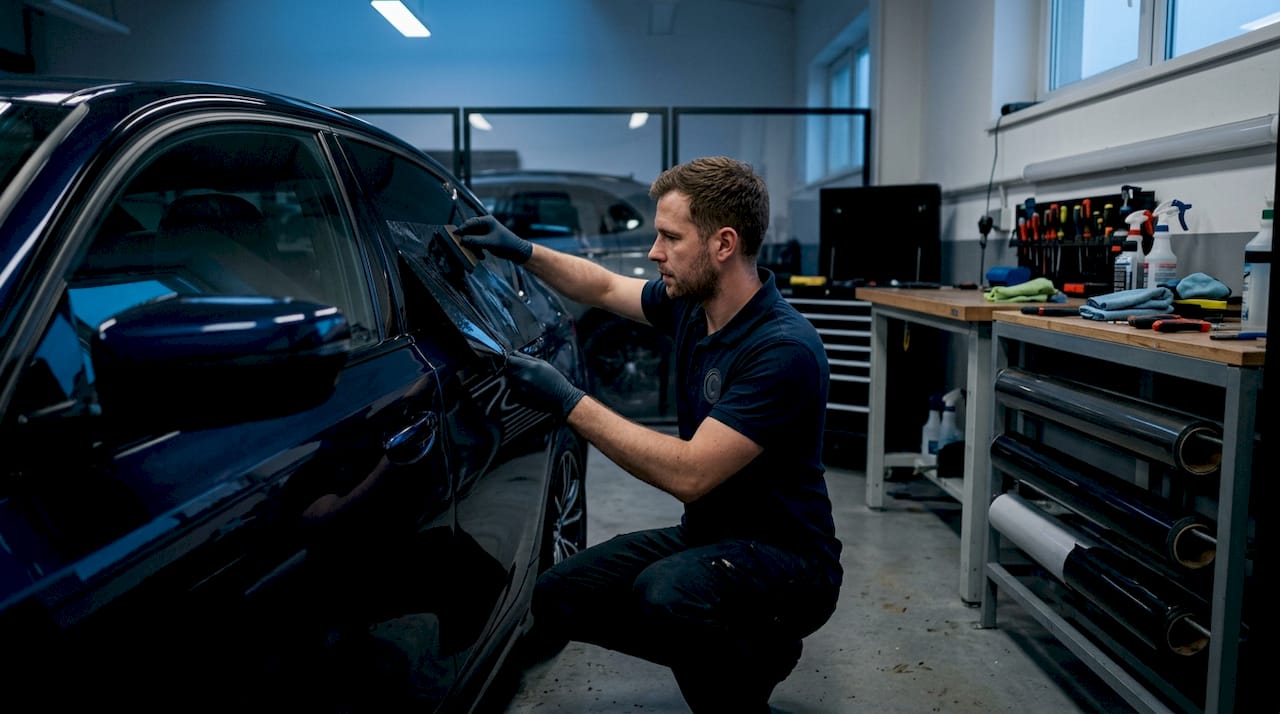 Technician applying ceramic tint film to car window