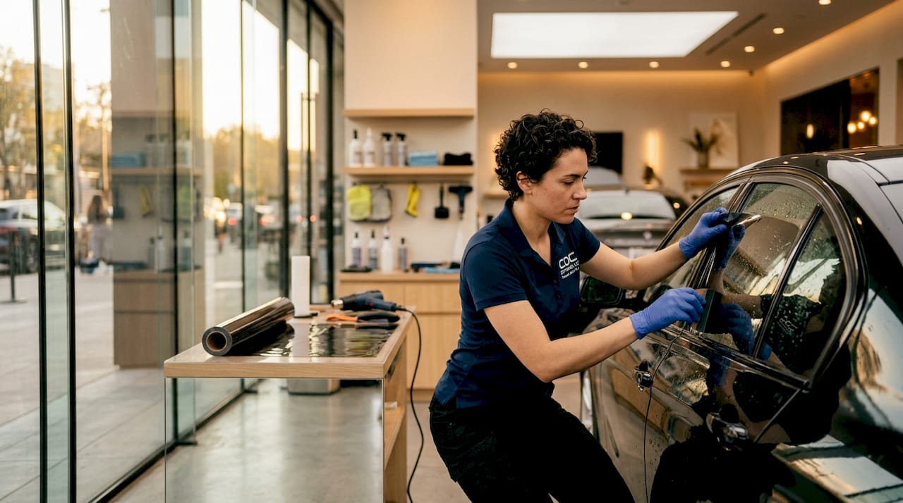 Technician applying car window tint film indoors