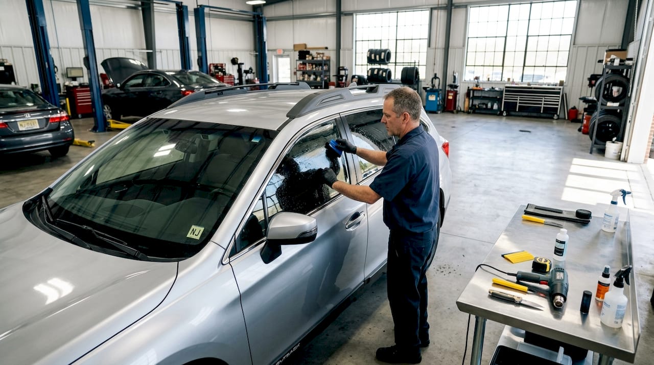Technician tinting vehicle windows indoors