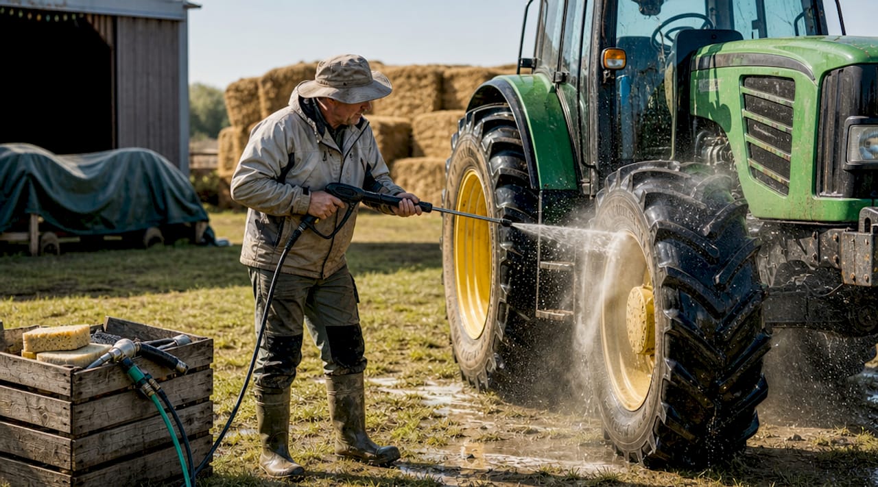 Farmer pressure washing large tractor outdoors