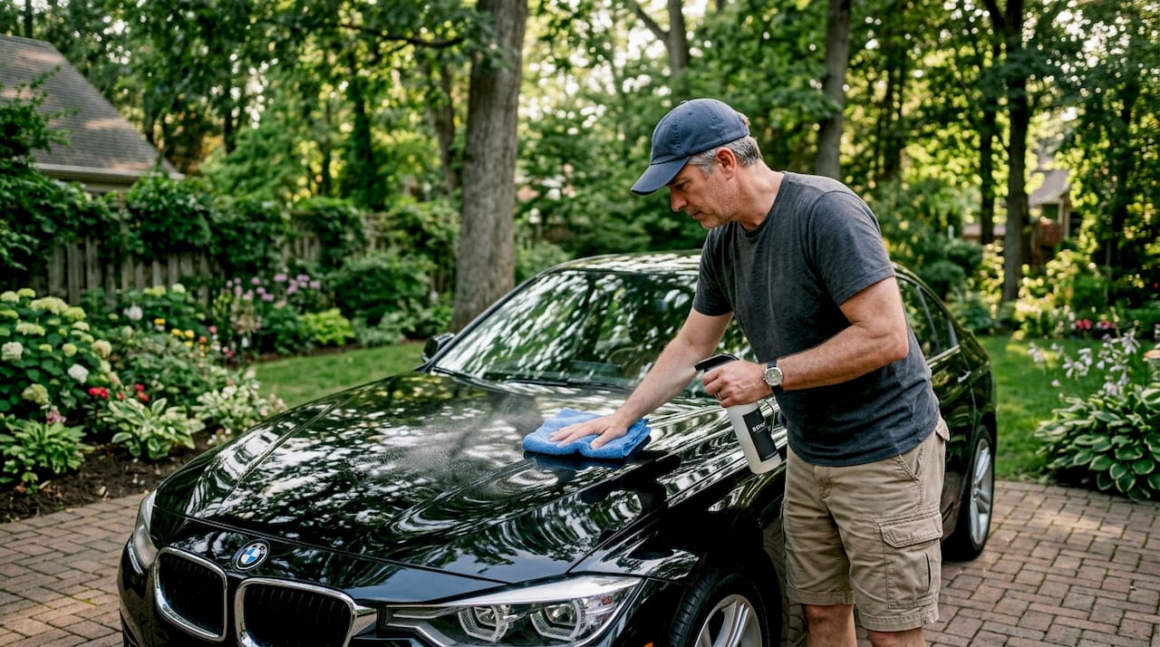 Man applying car detailing spray on black sedan