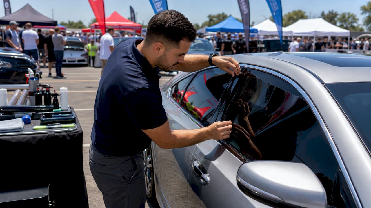 Installer applying ceramic window tint to car outdoors