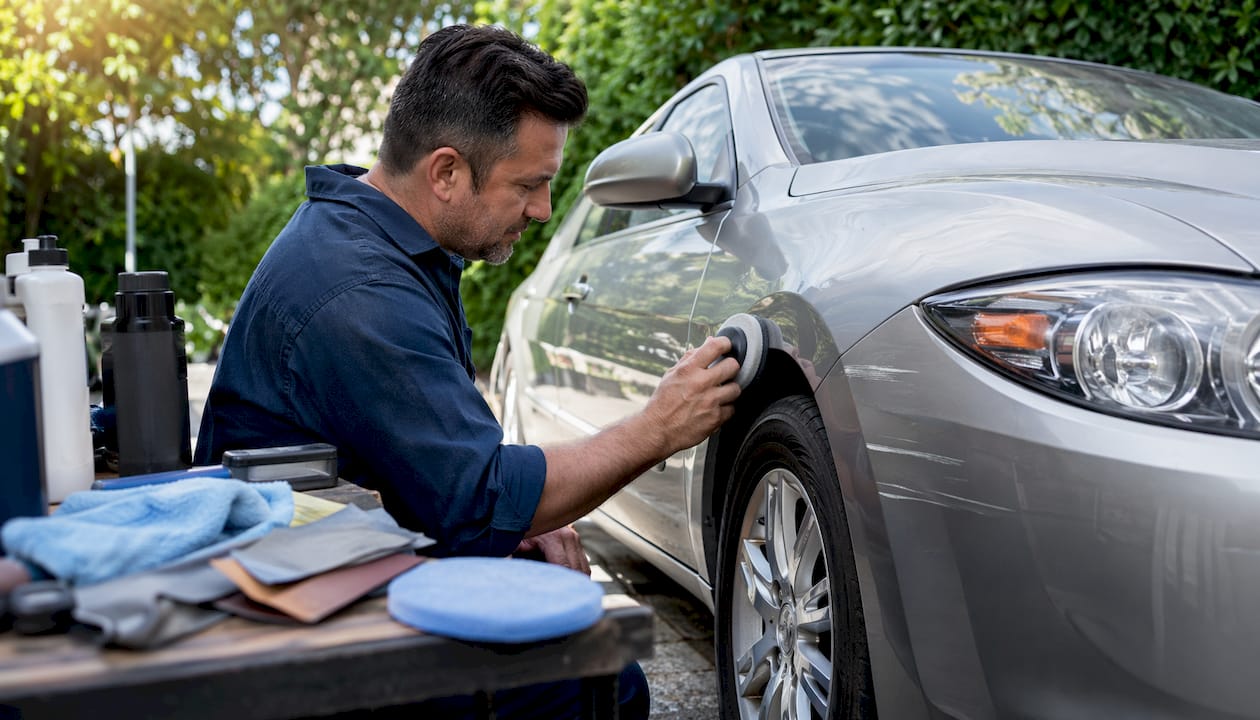 Man polishing car scratch in garage