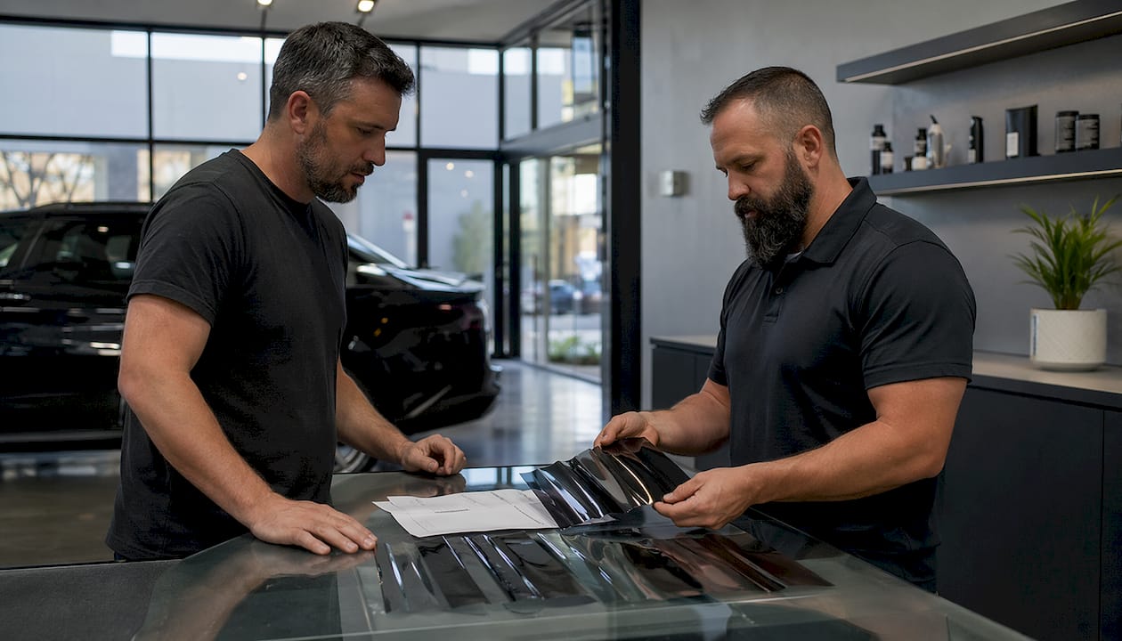 Client reviewing window tinting cost estimate with technician