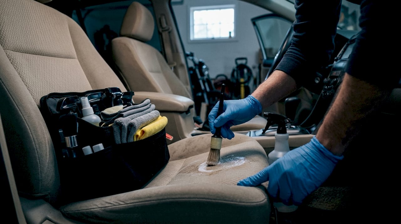 Gloved hands cleaning car fabric seat stain