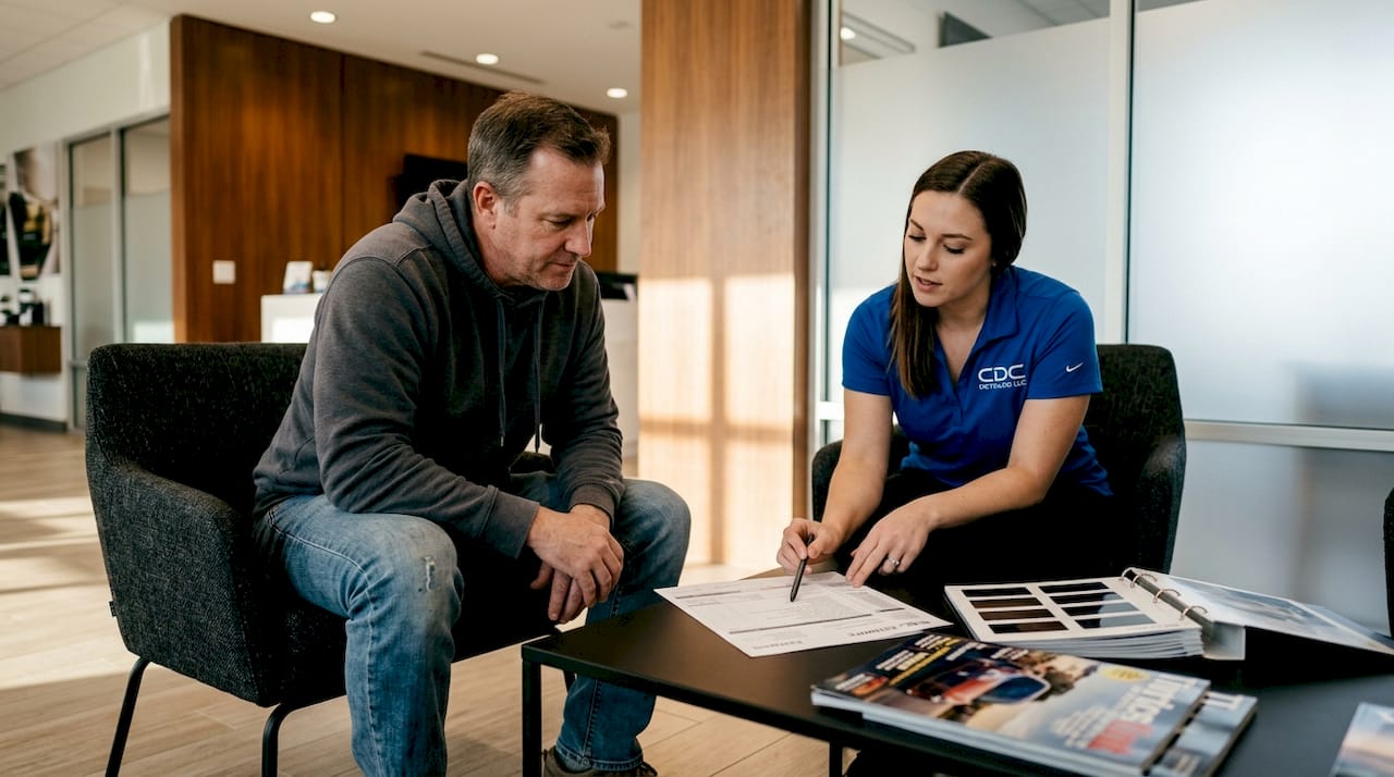 Customer consulting about car window tint costs