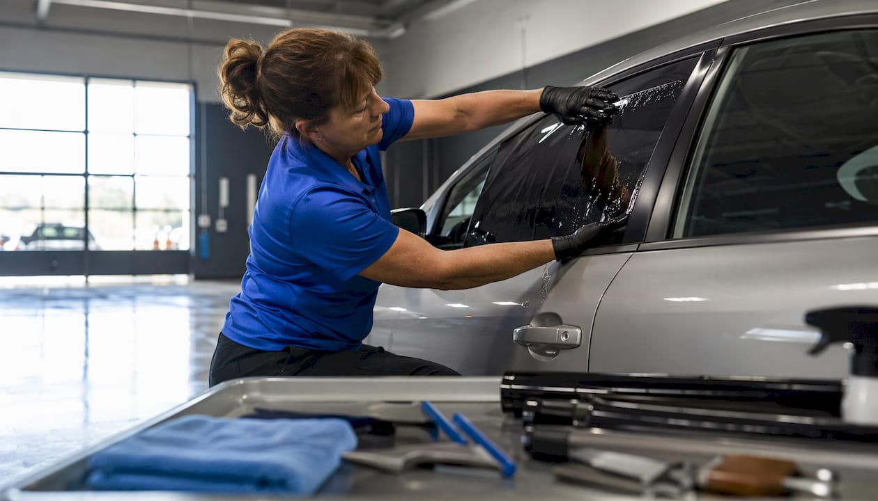 Technician applying window tint to car