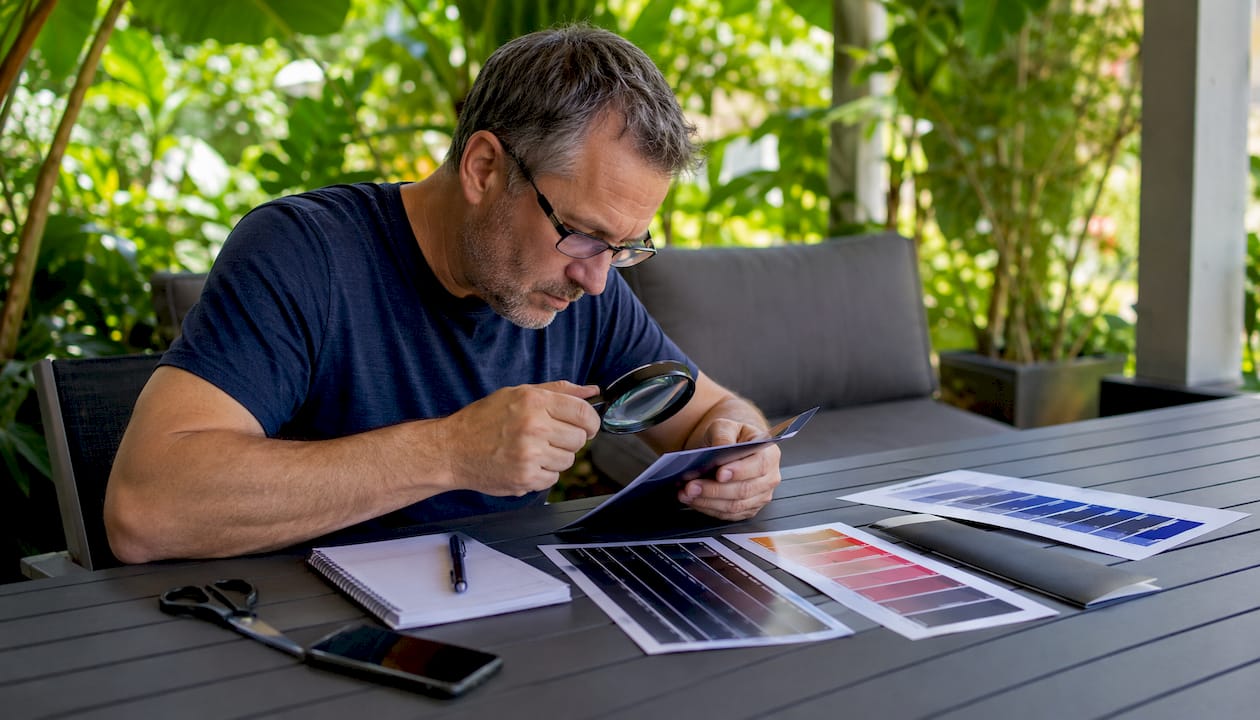 Man examining window tint color samples at kitchen table