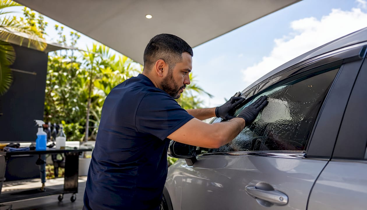 Installer applying ceramic tint to car window