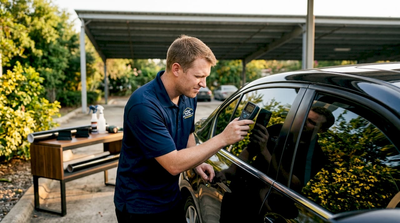Technician checking car window tint percentage