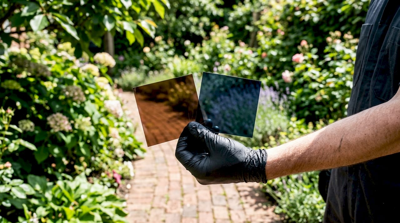 Hand holding standard and ceramic window tint films