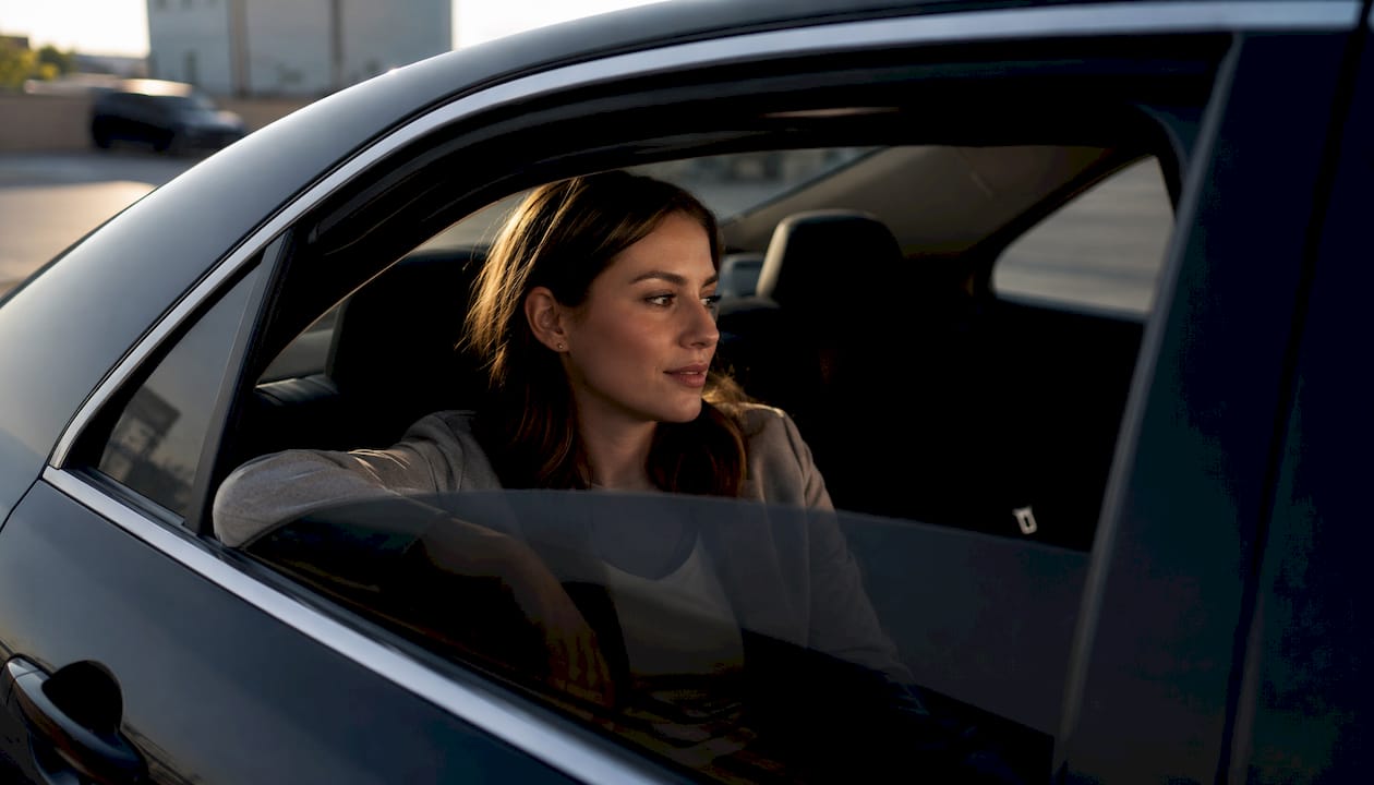 Woman driving with tinted car window glare reduction