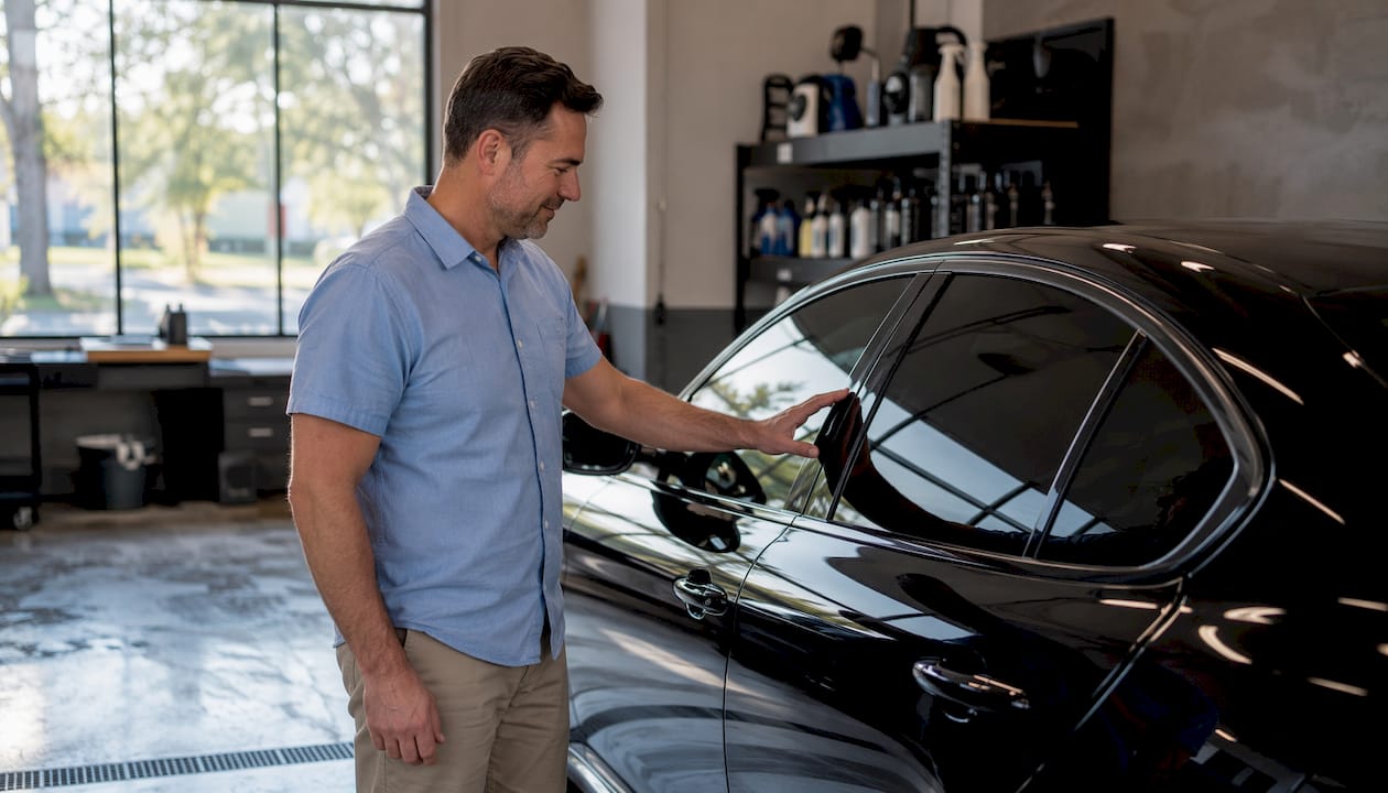 Man inspecting tinted car windows outdoors