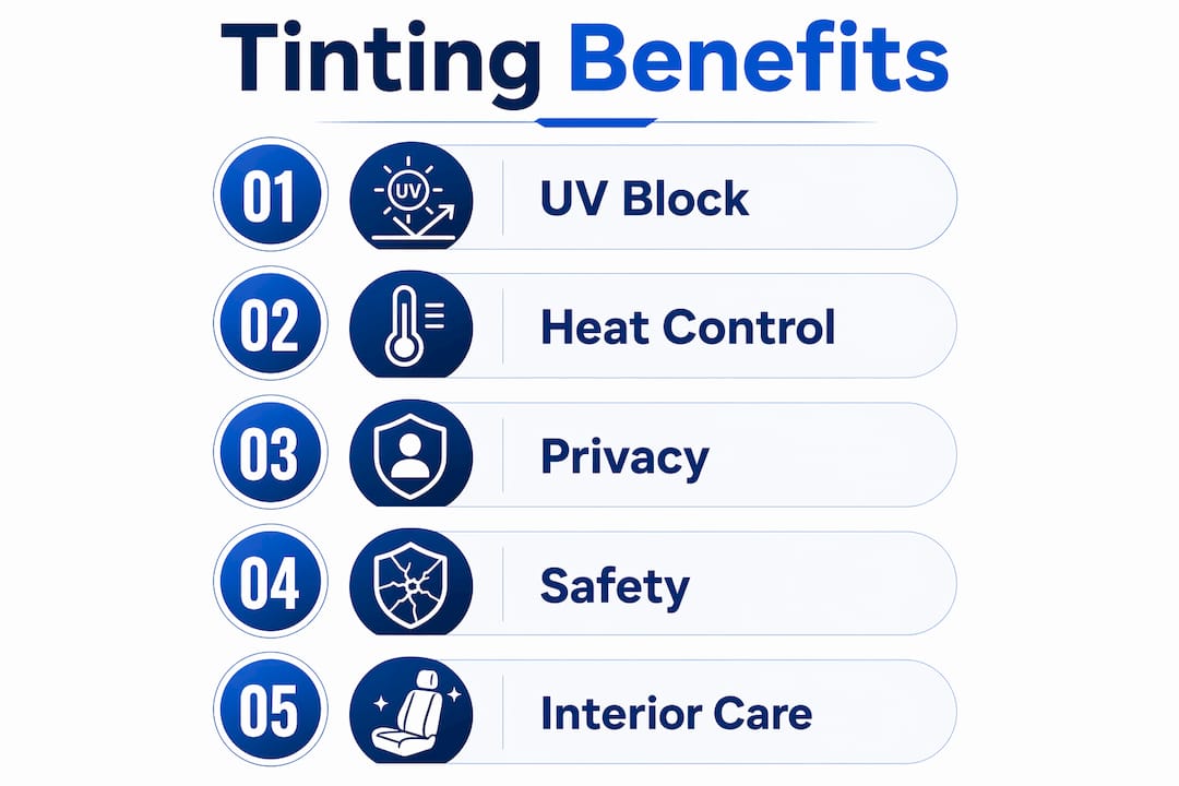 Infographic showing top benefits of car window tinting