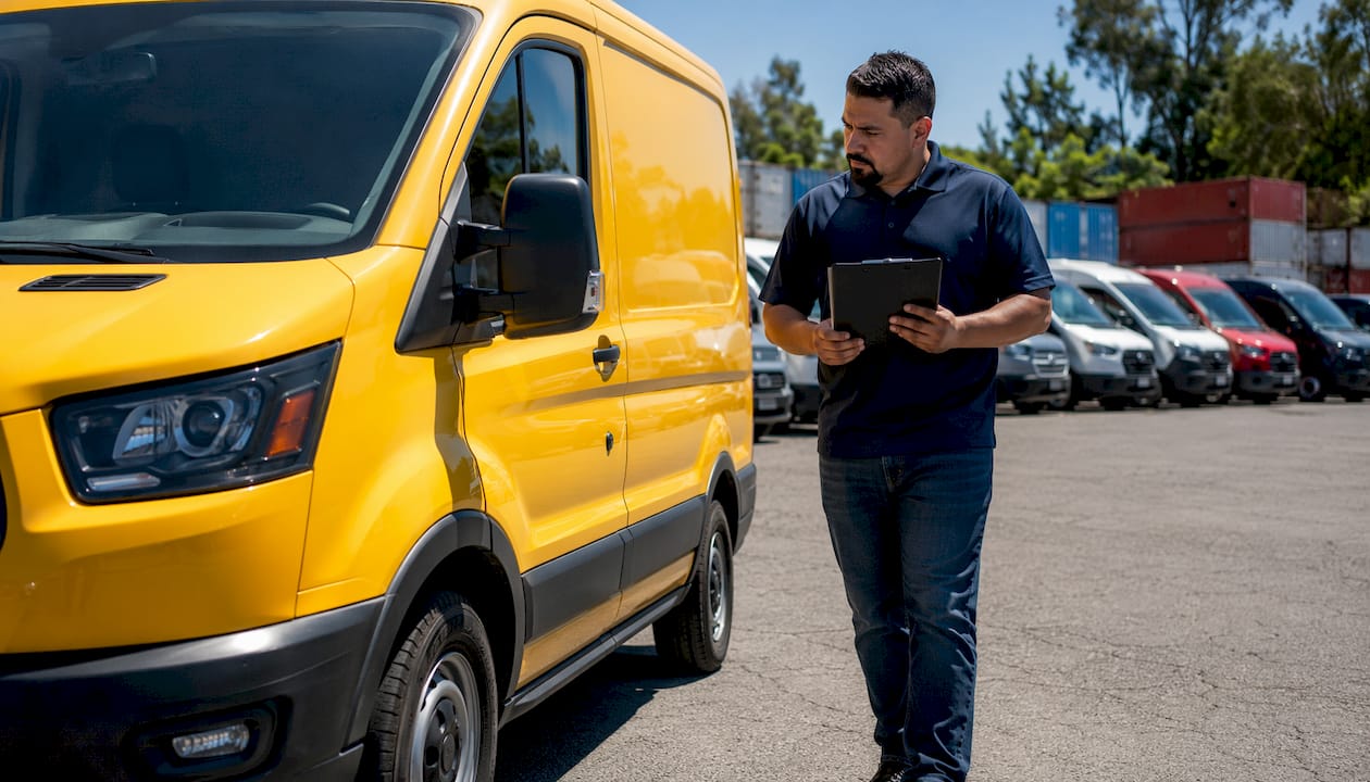 Manager inspecting fleet vehicle exterior outdoors